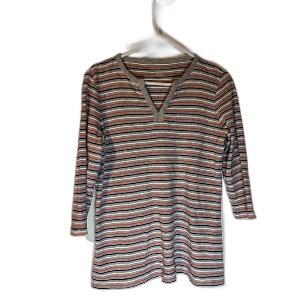 LL Bean Top S Gry/Blck/Wht/Orange Stripe V-Neck Long Sleeve Granola Girl Preppy